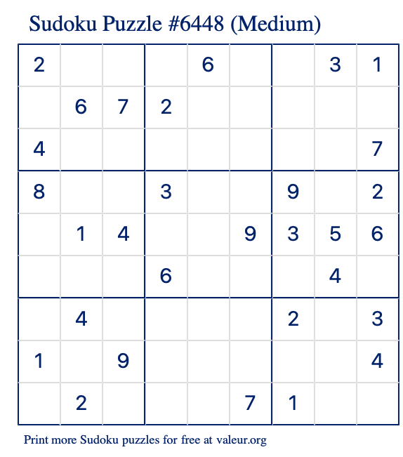 Free Printable Medium Sudoku Puzzle number 6448