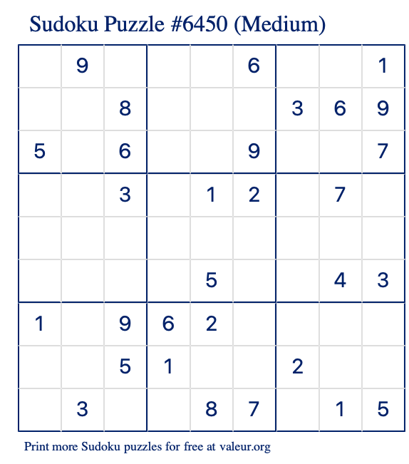 Free Printable Medium Sudoku Puzzle number 6450
