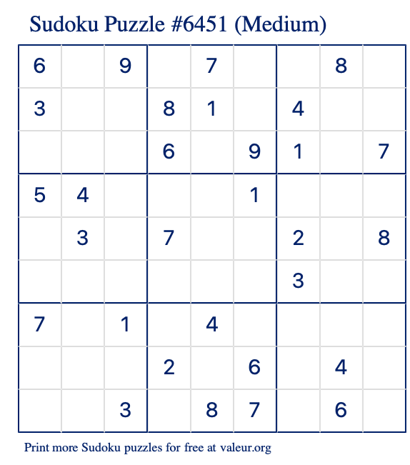Free Printable Medium Sudoku Puzzle number 6451