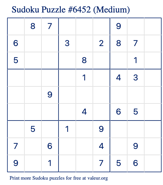 Free Printable Medium Sudoku Puzzle number 6452