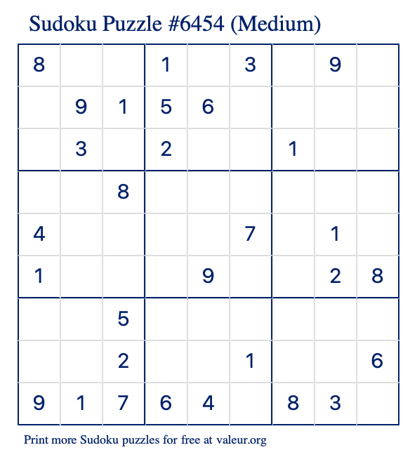 Free Printable Medium Sudoku Puzzle number 6454