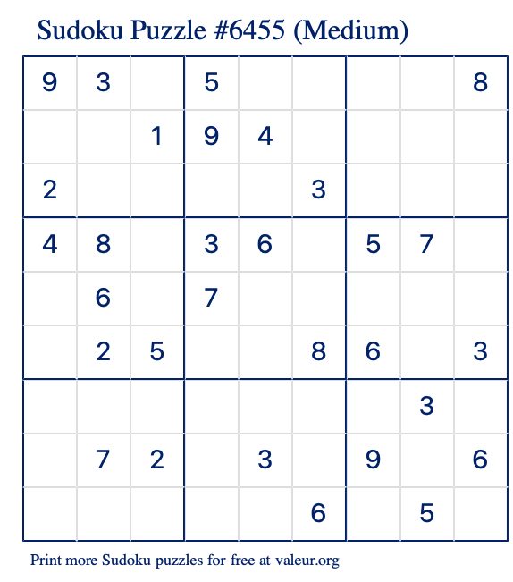 Free Printable Medium Sudoku Puzzle number 6455