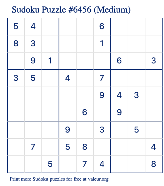 Free Printable Medium Sudoku Puzzle number 6456