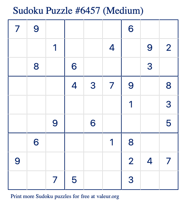 Free Printable Medium Sudoku Puzzle number 6457