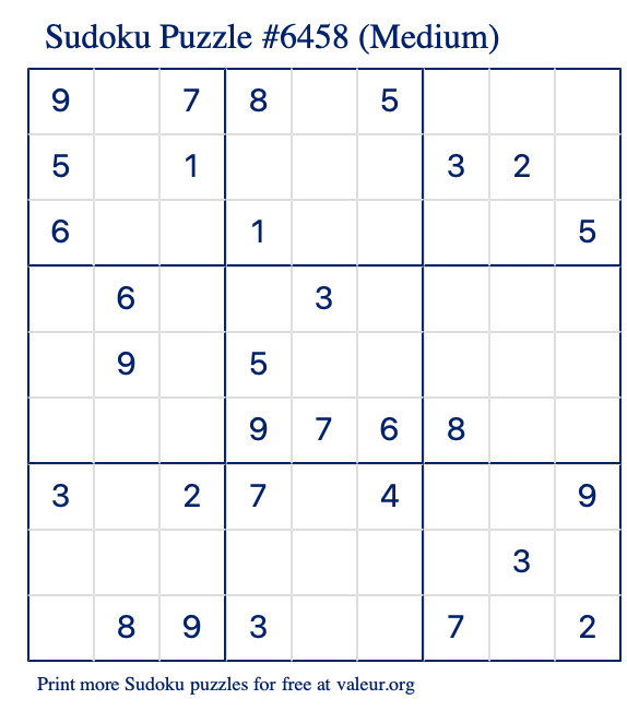 Free Printable Medium Sudoku Puzzle number 6458