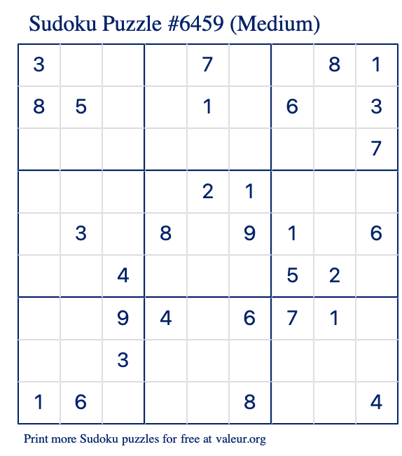 Free Printable Medium Sudoku Puzzle number 6459