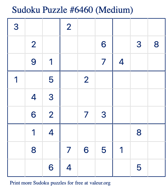 Free Printable Medium Sudoku Puzzle number 6460