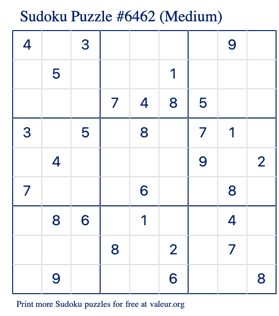 Free Printable Medium Sudoku Puzzle number 6462