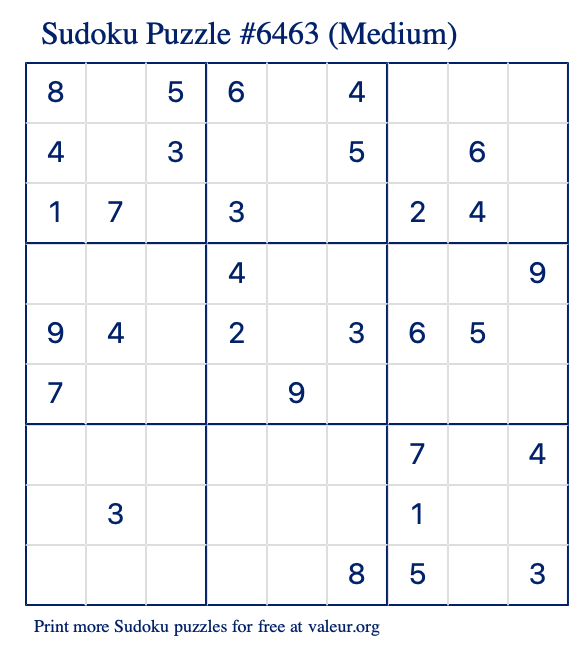 Free Printable Medium Sudoku Puzzle number 6463