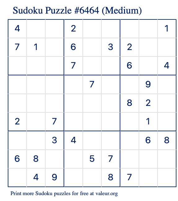 Free Printable Medium Sudoku Puzzle number 6464