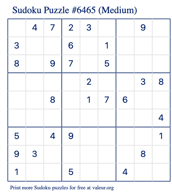Free Printable Medium Sudoku Puzzle number 6465
