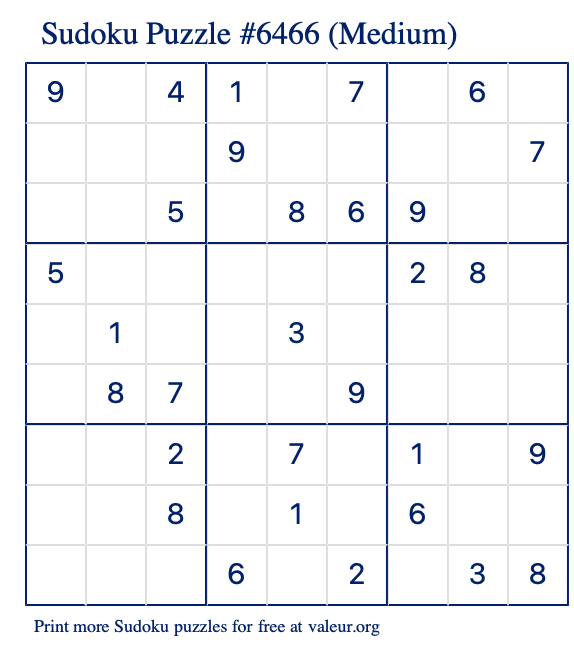 Free Printable Medium Sudoku Puzzle number 6466