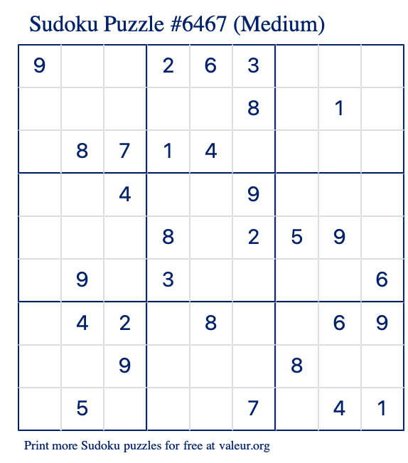 Free Printable Medium Sudoku Puzzle number 6467