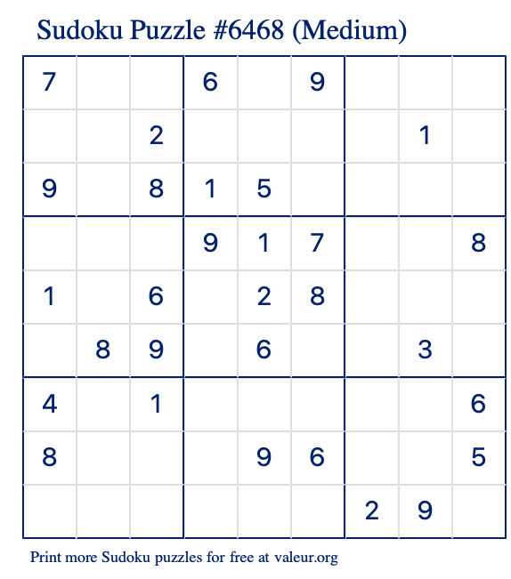 Free Printable Medium Sudoku Puzzle number 6468