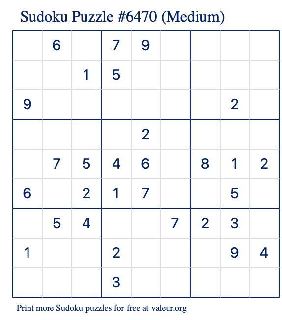 Free Printable Medium Sudoku Puzzle number 6470