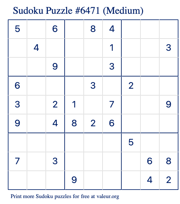 Free Printable Medium Sudoku Puzzle number 6471
