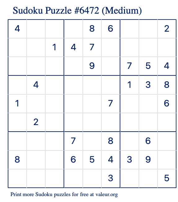 Free Printable Medium Sudoku Puzzle number 6472