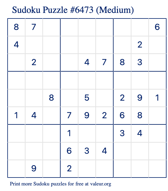 Free Printable Medium Sudoku Puzzle number 6473