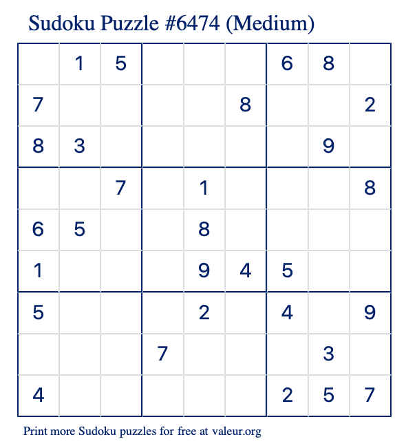 Free Printable Medium Sudoku Puzzle number 6474