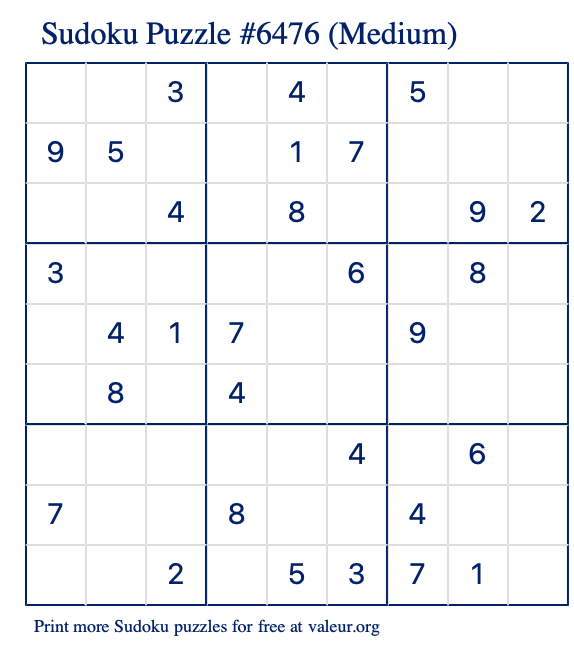 Free Printable Medium Sudoku Puzzle number 6476