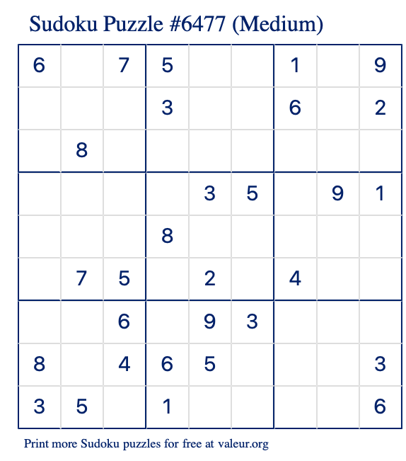 Free Printable Medium Sudoku Puzzle number 6477