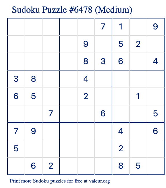 Free Printable Medium Sudoku Puzzle number 6478