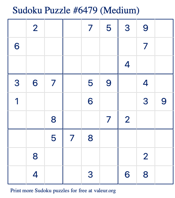 Free Printable Medium Sudoku Puzzle number 6479