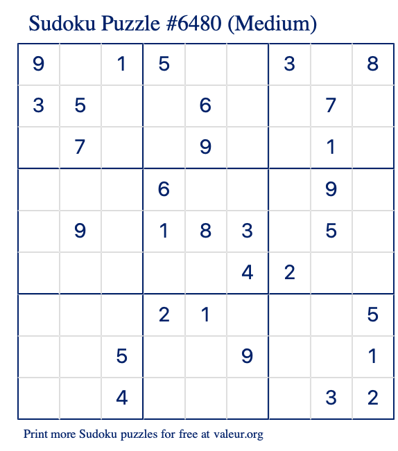 Free Printable Medium Sudoku Puzzle number 6480