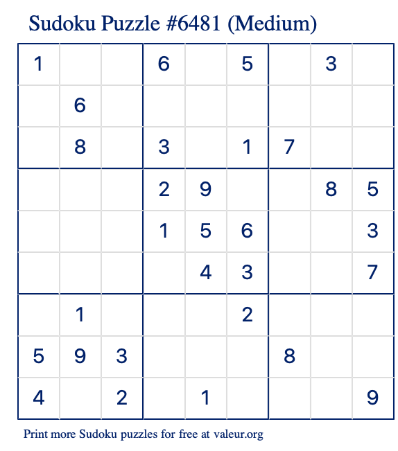 Free Printable Medium Sudoku Puzzle number 6481