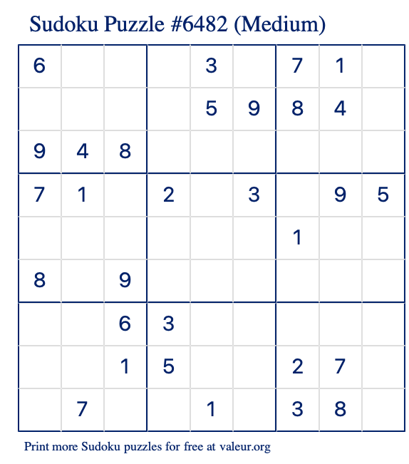 Free Printable Medium Sudoku Puzzle number 6482