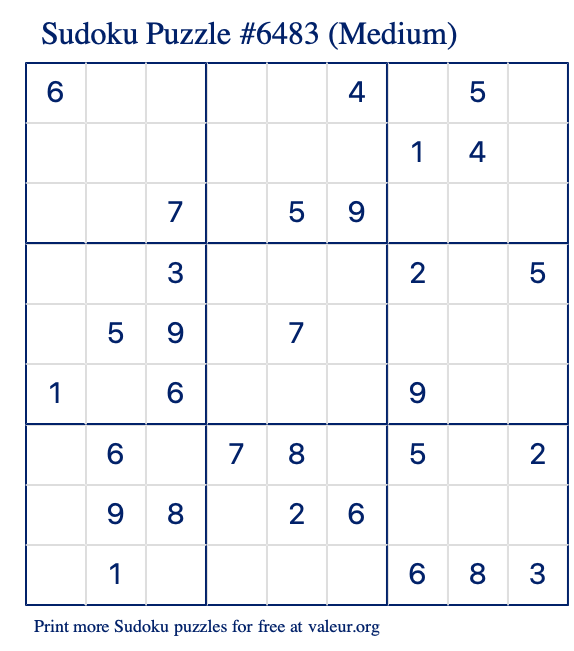Free Printable Medium Sudoku Puzzle number 6483