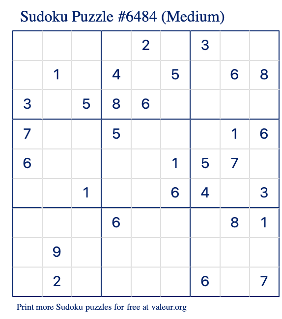 Free Printable Medium Sudoku Puzzle number 6484