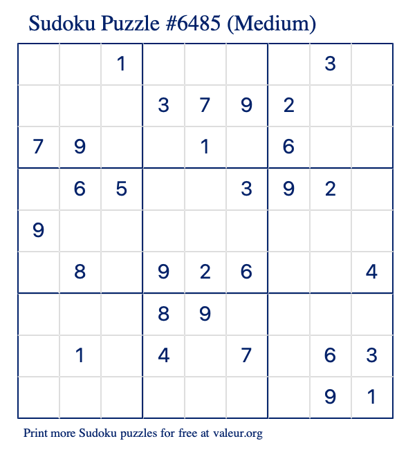 Free Printable Medium Sudoku Puzzle number 6485