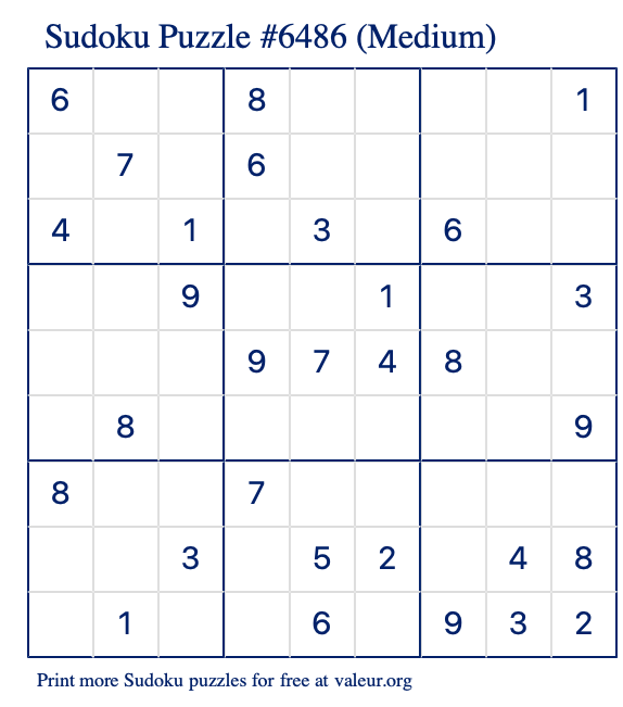 Free Printable Medium Sudoku Puzzle number 6486