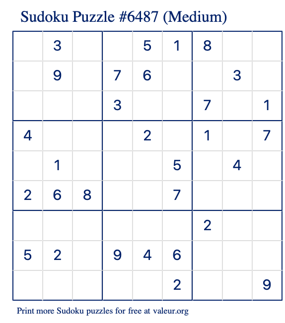 Free Printable Medium Sudoku Puzzle number 6487
