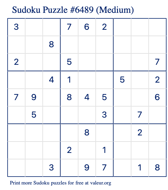 Free Printable Medium Sudoku Puzzle number 6489