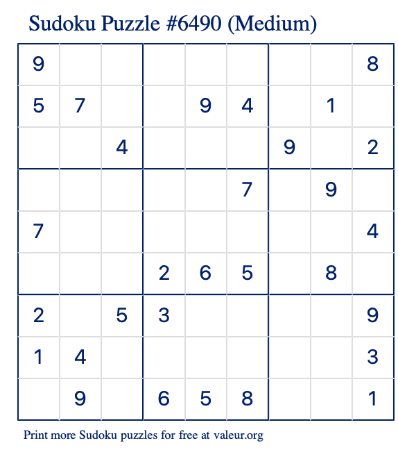 Free Printable Medium Sudoku Puzzle number 6490