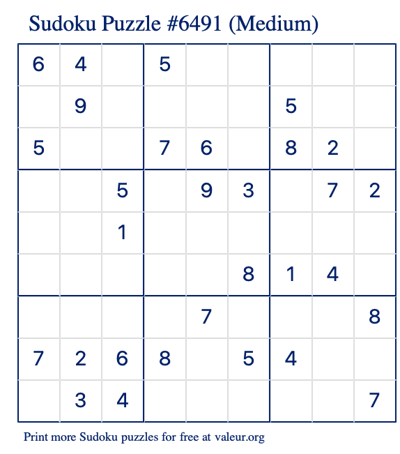 Free Printable Medium Sudoku Puzzle number 6491
