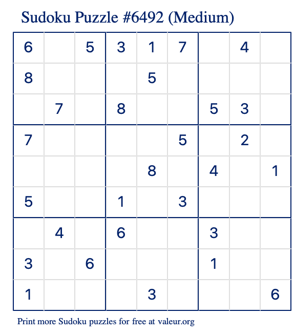 Free Printable Medium Sudoku Puzzle number 6492