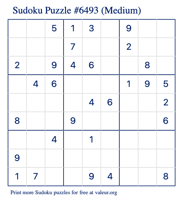 Free Printable Medium Sudoku Puzzle number 6493