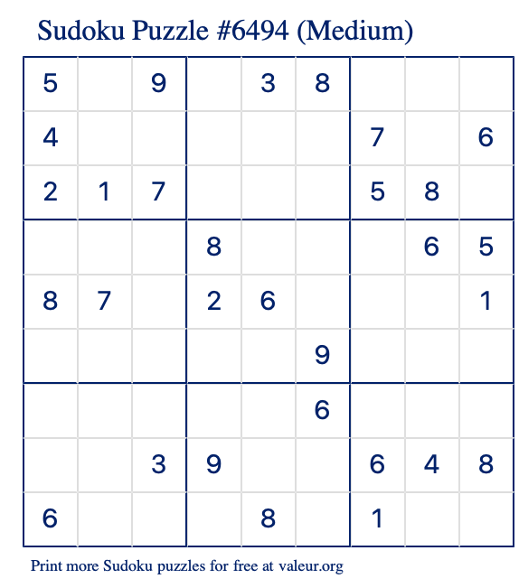 Free Printable Medium Sudoku Puzzle number 6494