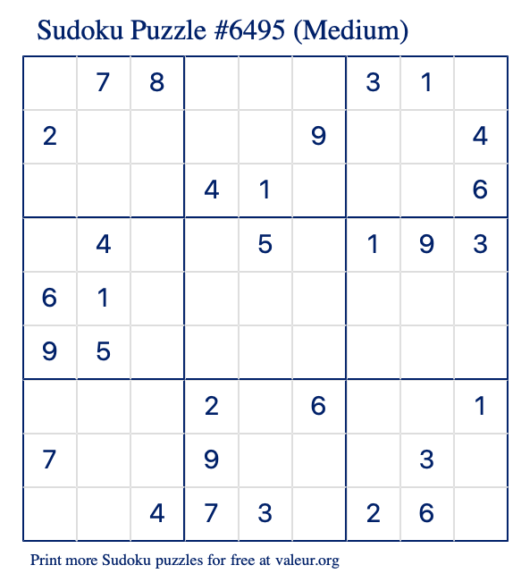 Free Printable Medium Sudoku Puzzle number 6495