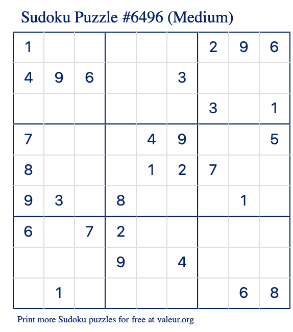 Free Printable Medium Sudoku Puzzle number 6496