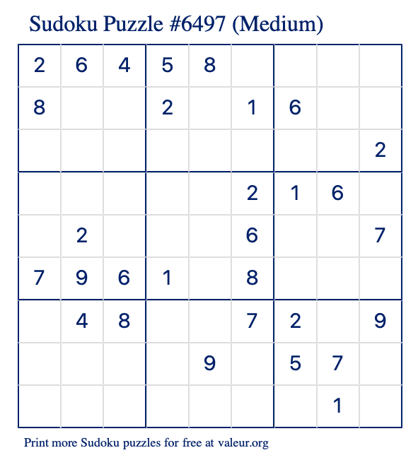 Free Printable Medium Sudoku Puzzle number 6497