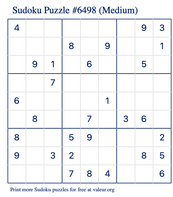 Free Printable Medium Sudoku Puzzle number 6498