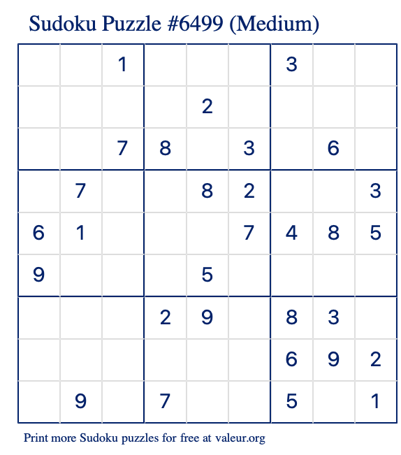 Free Printable Medium Sudoku Puzzle number 6499