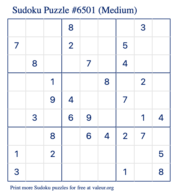 Free Printable Medium Sudoku Puzzle number 6501