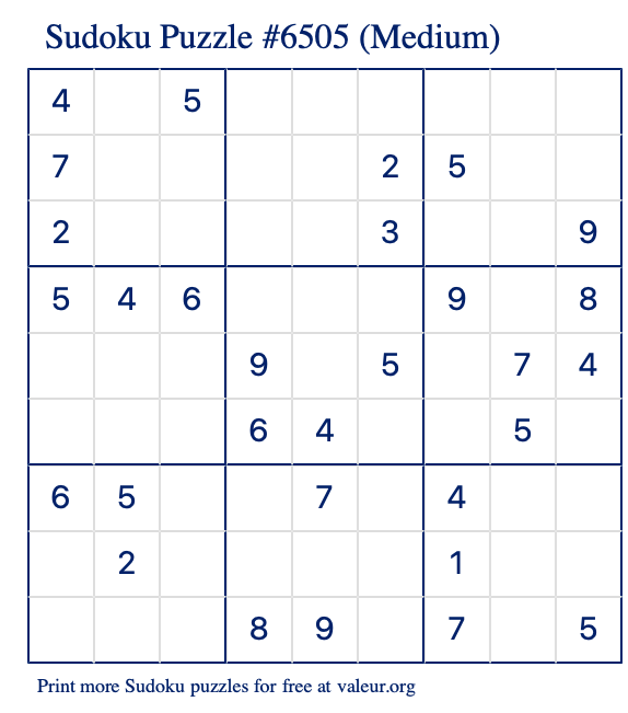 Free Printable Medium Sudoku Puzzle number 6505