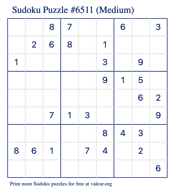 Free Printable Medium Sudoku Puzzle number 6511