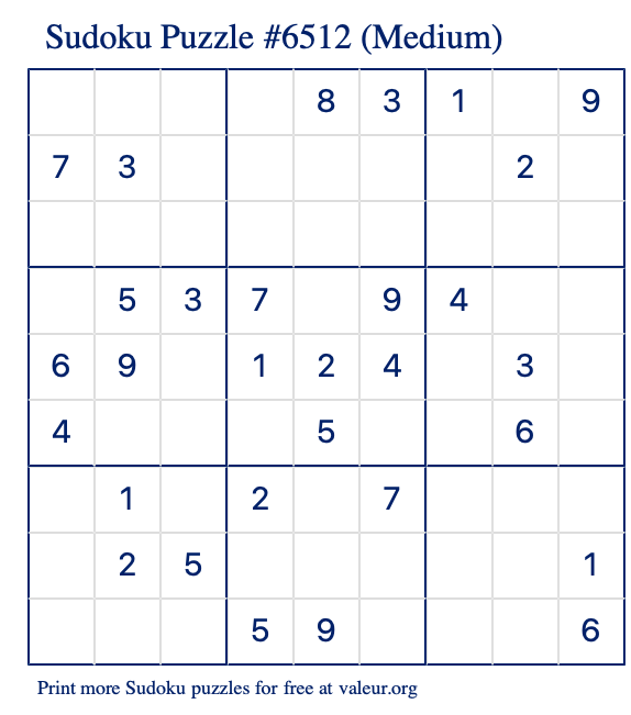 Free Printable Medium Sudoku Puzzle number 6512